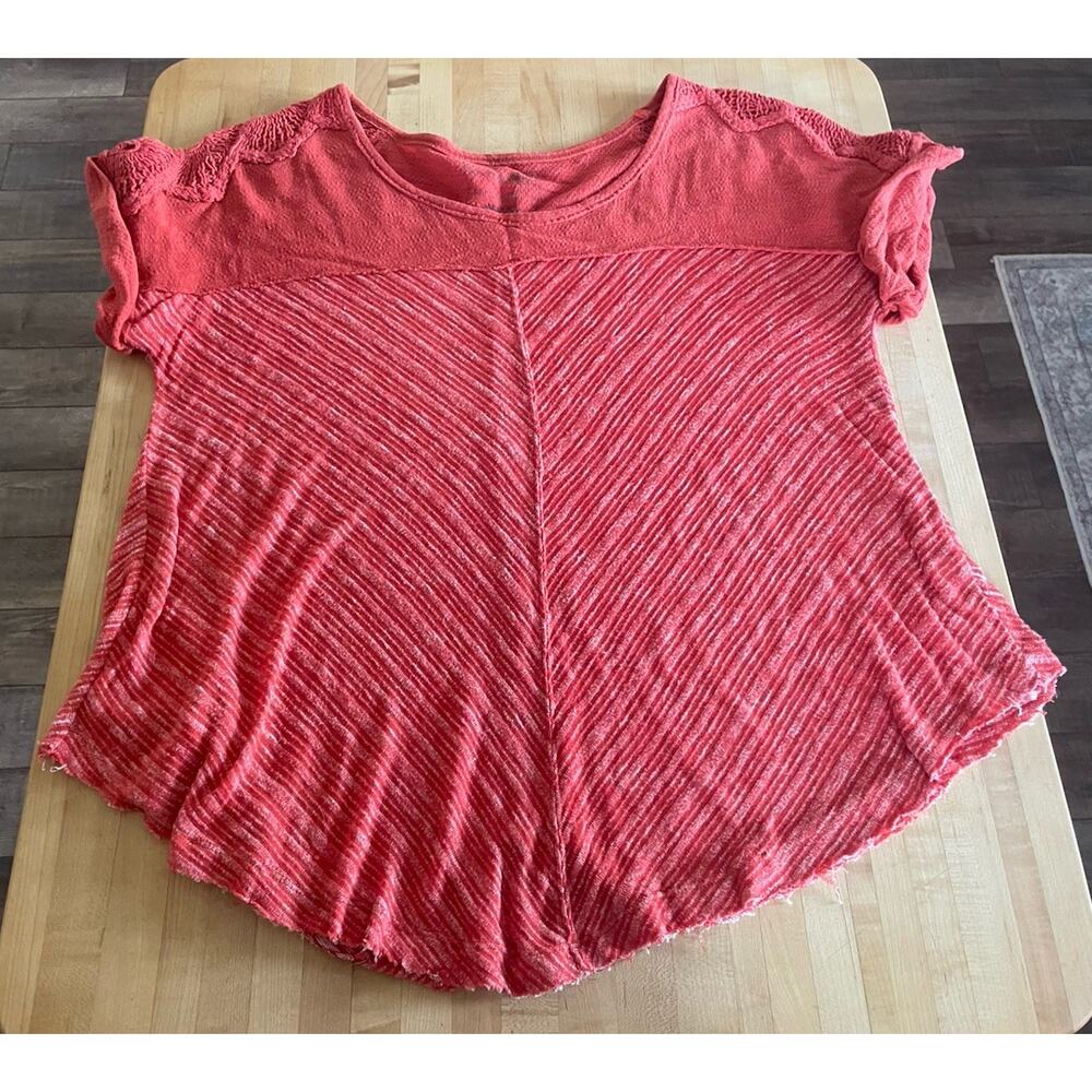 We The Free People Coral Lace Shoulder Short Sleeve Top XS Raw Hem Sheer Boho